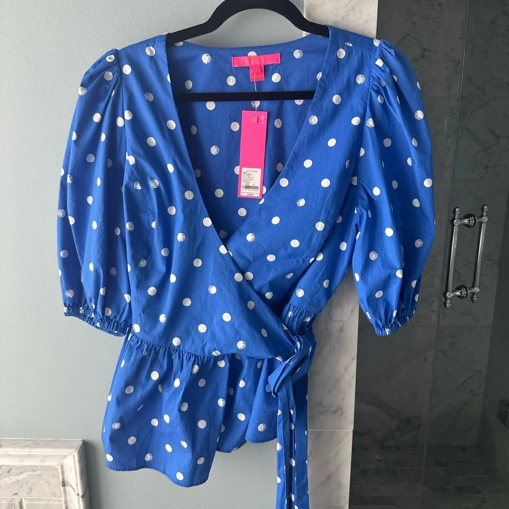 New with tags! Lilly Pulitzer Kara Cotton Wrap Top blue grotto hot spot size 12 - Picture 4 of 7